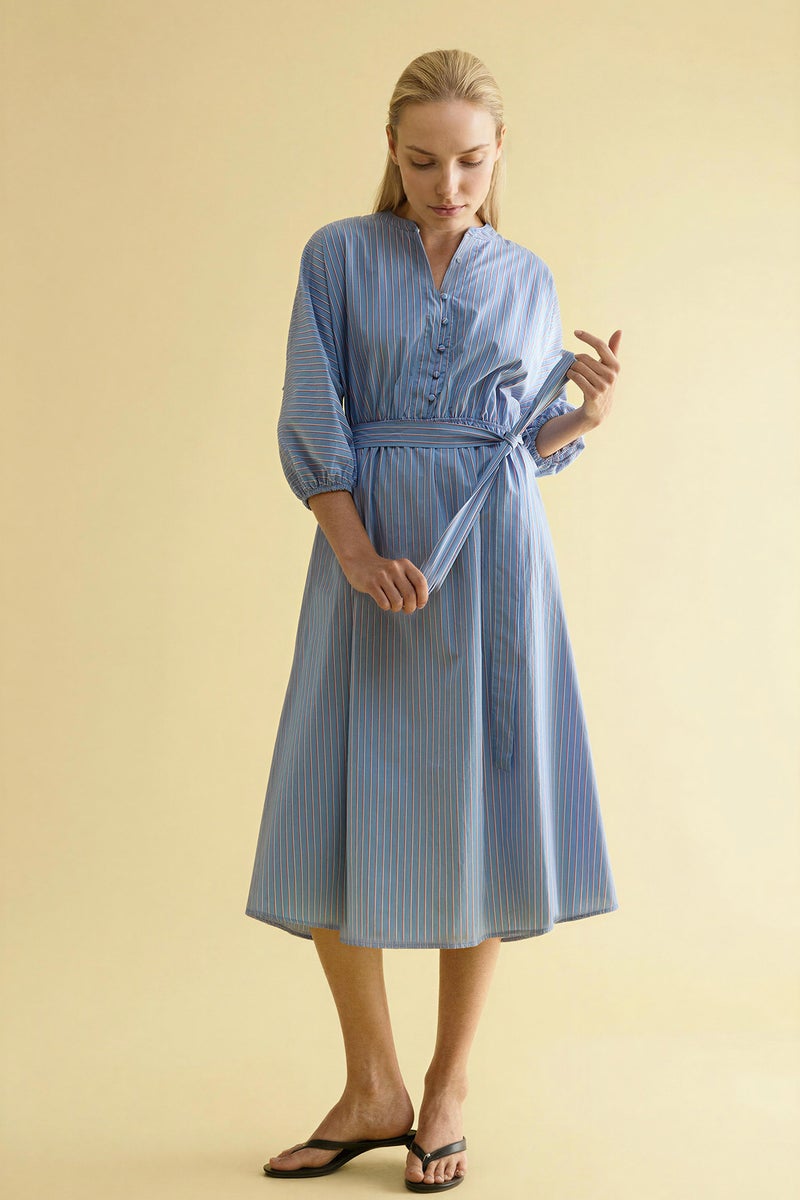 DeFacto Blue Woman 100% Cotton Poplin Striped Midi Dress Casual - Image 3