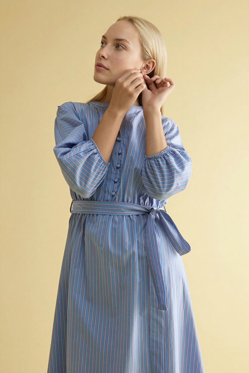DeFacto Blue Woman 100% Cotton Poplin Striped Midi Dress Casual - Image 4