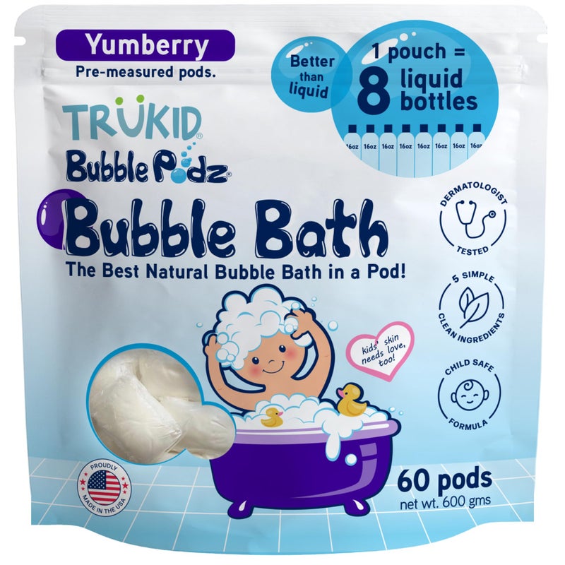 TruKid Bubble Podz Bubble Bath for Kids, Toddlers, & Babies, Tear Free Gentle & Refreshing Bath Bomb for Sensitive Skin with Natural Moisturizers, Non-Toxic, pH Balanced, Yumberry Scent (60 Podz) - Image 1