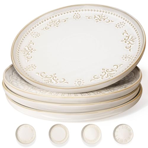 Artena Large Ceramic Dinner Plates Set Of 4, 10.75 Inch Embossed Kitchen Salad Plates, Modern Serving Plates For Restaurant, Plates With Lipped Edges, Microwave Dishwasher Safe (Multiple Patterns) - Image 1