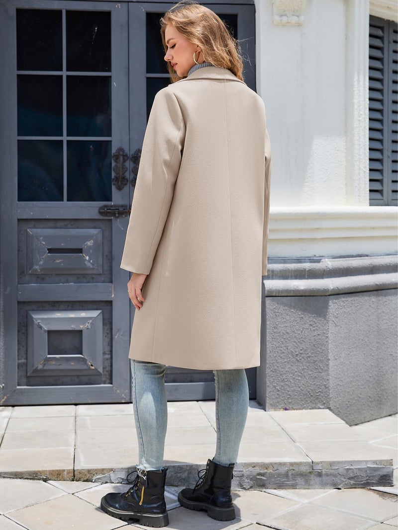 LNKQA Women's Notch Lapel Double Breasted Pea Coat Mid Long Fall Winter Trench Overcoat(Beige,Large) - Image 4