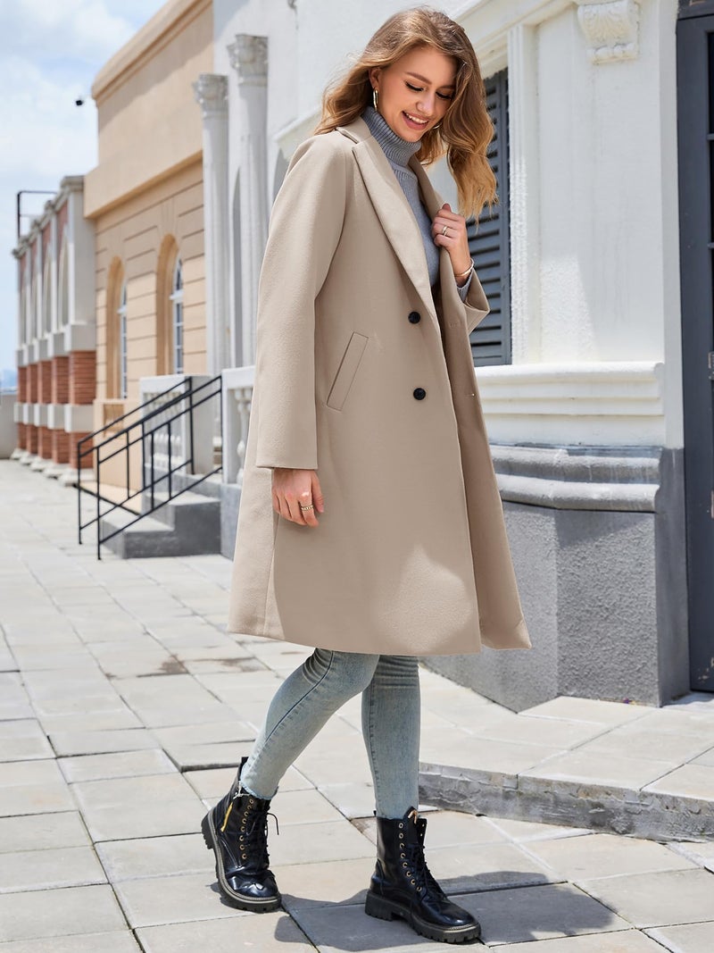 LNKQA Women's Notch Lapel Double Breasted Pea Coat Mid Long Fall Winter Trench Overcoat(Beige,Large) - Image 2