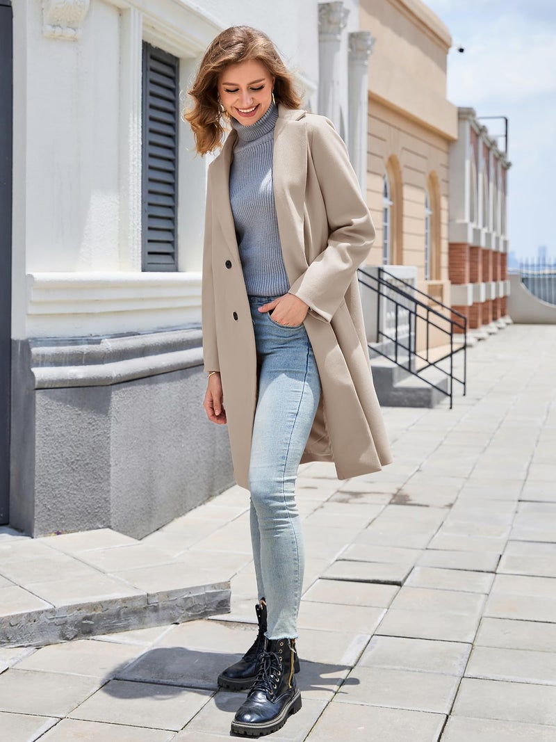 LNKQA Women's Notch Lapel Double Breasted Pea Coat Mid Long Fall Winter Trench Overcoat(Beige,Large) - Image 3
