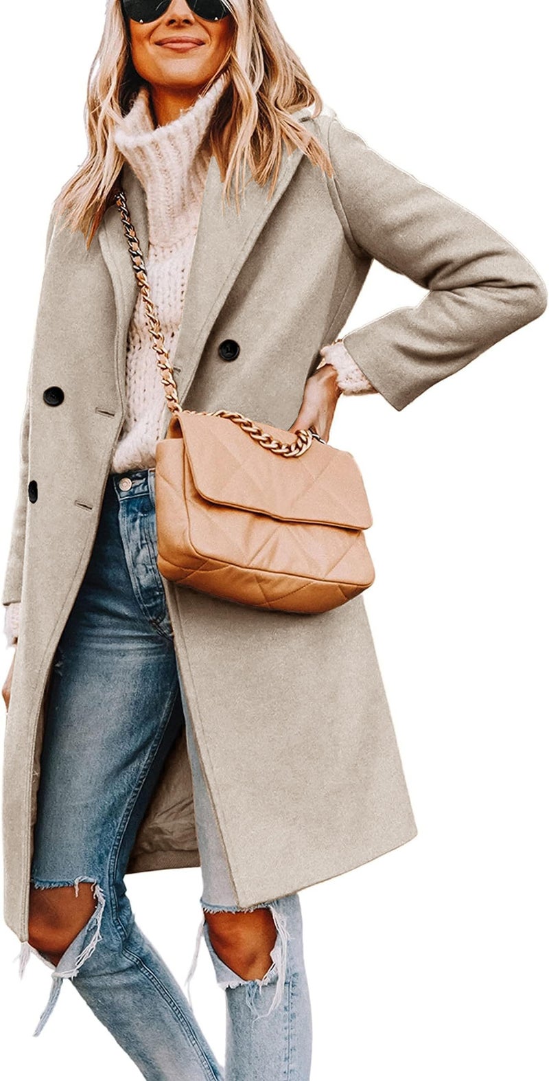 LNKQA Women's Notch Lapel Double Breasted Pea Coat Mid Long Fall Winter Trench Overcoat(Beige,Large) - Image 1
