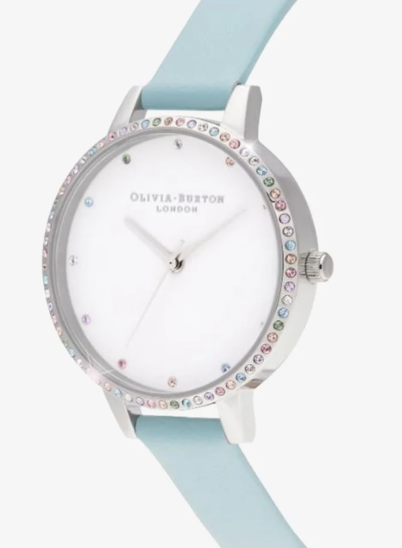 Olivia Burton Women's Quartz Watch, White Dial, Blue Leather Strap