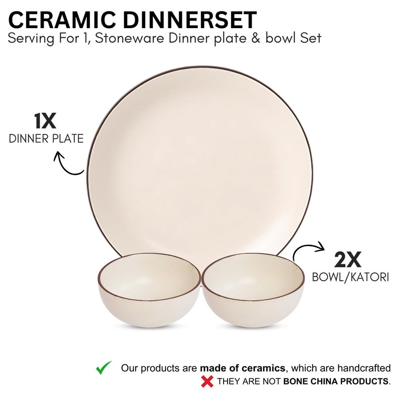 Freakway Hand Painted Ceramic Dinner Set of 3 Pcs | 1 Stoneware Dinner Plates (10.6 Inch) and 2 Bowl/Katori (3.93 Inch and (170 Ml) | Microwave & Dishwasher Safe - Ivory White - Image 4