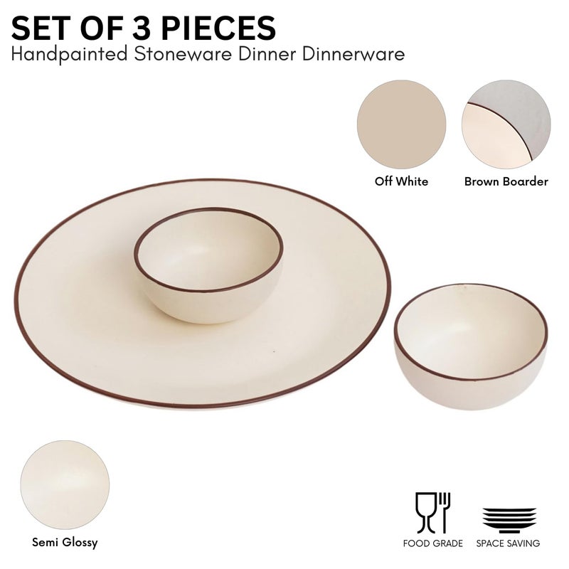 Freakway Hand Painted Ceramic Dinner Set of 3 Pcs | 1 Stoneware Dinner Plates (10.6 Inch) and 2 Bowl/Katori (3.93 Inch and (170 Ml) | Microwave & Dishwasher Safe - Ivory White - Image 3