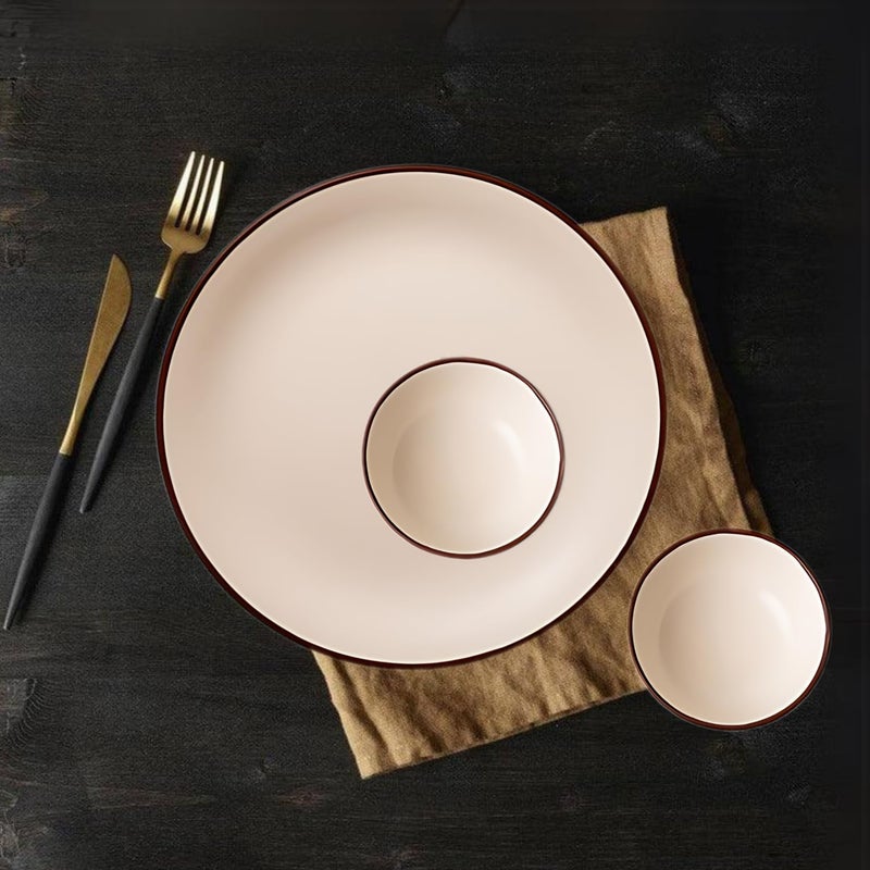 Freakway Hand Painted Ceramic Dinner Set of 3 Pcs | 1 Stoneware Dinner Plates (10.6 Inch) and 2 Bowl/Katori (3.93 Inch and (170 Ml) | Microwave & Dishwasher Safe - Ivory White - Image 1