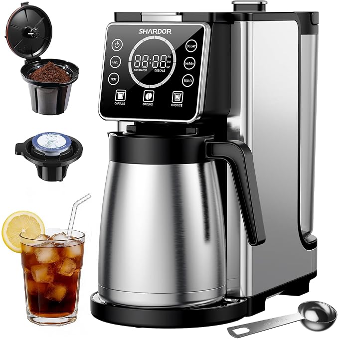 SHARDOR Programmable 5 Cup Drip Coffee Maker, Single Serve Hot & Iced Coffee Machine for K Cup & Grounds, 95oz Removable Reservoir, 624oz Brew Size, Strong Brew, Stainless Steel Thermal Carafe, Black - Image 1
