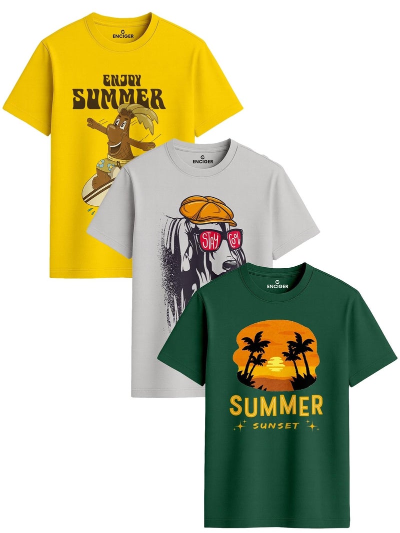 ENCIGER Men's Cotton Graphic Printed T-Shirt Combo (Pack of 3) – Summer Theme | Casual Round Neck Half Sleeve Tees (Green Grey Yellow, XL) - Image 1