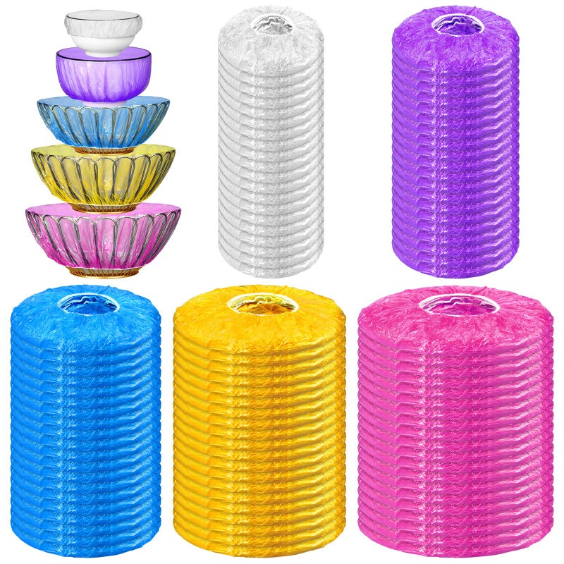 Cunhill Cunhill 200 Pcs 5 Size Plastic Bowl Covers with Elastic Bulk Reusable Bowl Covers Disposable Food Storage Plastic Wrap for Leftovers Family Outdoor PicnicWhite Purple Blue Yellow Pink 