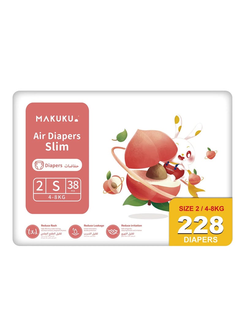 Makuku MAKUKU Slim Air Tape Style Diapers, 228 Pieces, Size 2 Small, 4-8kg - Reduce Rash, Instant Absorption, Breathable and Soft 
