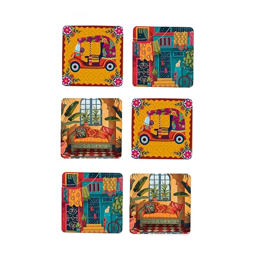 TAJNAN Indian Art Printed Coaster Set of 6 Beautiful Wooden Coasters with Plastic Coating Proper Coaster Stand Designer (taj-Coaster-auto-h) - Image 1