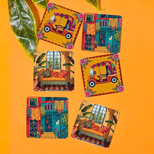 TAJNAN Indian Art Printed Coaster Set of 6 Beautiful Wooden Coasters with Plastic Coating Proper Coaster Stand Designer (taj-Coaster-auto-h) - Image 2