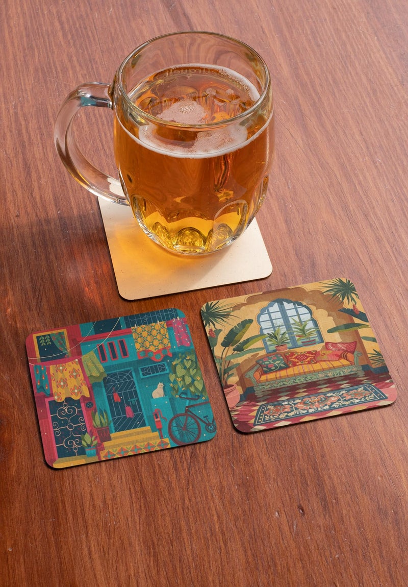 TAJNAN Indian Art Printed Coaster Set of 6 Beautiful Wooden Coasters with Plastic Coating Proper Coaster Stand Designer (taj-Coaster-auto-h) - Image 5
