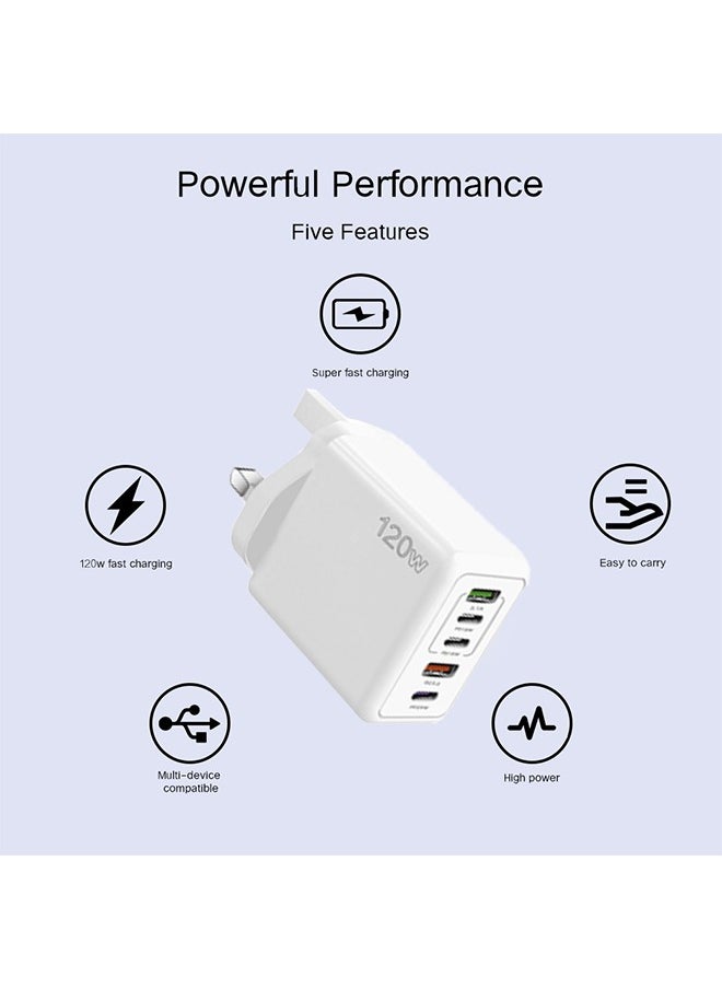Generic 5 Ports USB C Fast Charger with Cable C PD 120W QC 3.0 Fast Wall Mains Power Delivery Adapter for iPhone 15 Series,iPad, Laptops,  Pro/Air,Huawei,Samsung Galaxy etc White  - Image 5