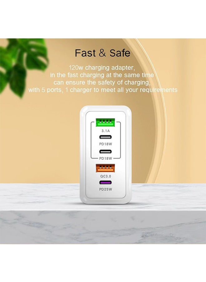 Generic 5 Ports USB C Fast Charger with Cable C PD 120W QC 3.0 Fast Wall Mains Power Delivery Adapter for iPhone 15 Series,iPad, Laptops,  Pro/Air,Huawei,Samsung Galaxy etc White  - Image 4