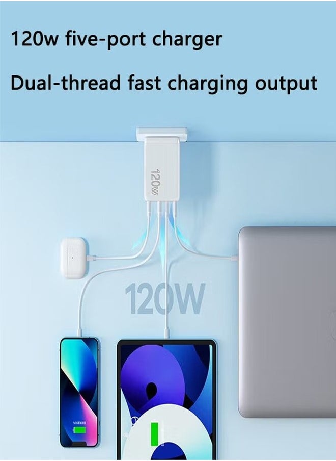 Generic 5 Ports USB C Fast Charger with Cable C PD 120W QC 3.0 Fast Wall Mains Power Delivery Adapter for iPhone 15 Series,iPad, Laptops,  Pro/Air,Huawei,Samsung Galaxy etc White  - Image 3