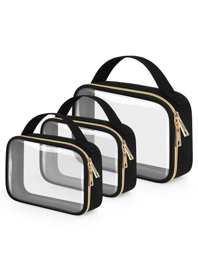 Wedama - TSA Approved Toiletry Bags, 3 Pack Clear Makeup Bags with Handles, Large Opening Clear Toiletry Bags, PVC Clear Cosmetic Bags for Women and Men, Clear Cosmetic Bags with Double Zipper, Black - Image 1