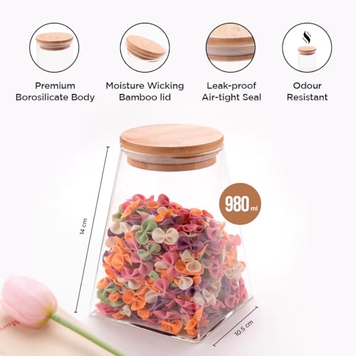 UMAI Borosilicate Glass Jar with Bamboo Lid | Kitchen Organizer Items and Storage | Multi-utility, Leakproof, Airtight Storage Jar for Cookies, Snacks, Tea, Coffee, Sugar | Set of 2 (980ml) - Image 3