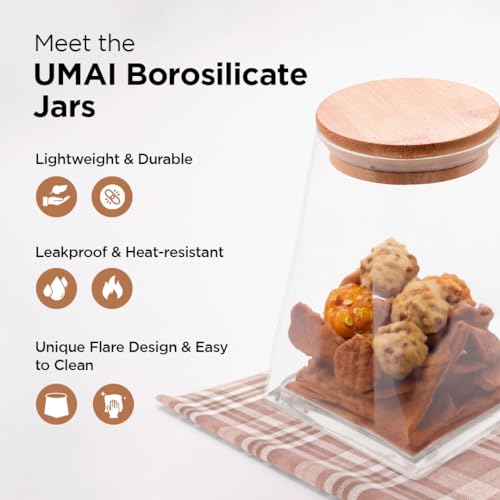 UMAI Borosilicate Glass Jar with Bamboo Lid | Kitchen Organizer Items and Storage | Multi-utility, Leakproof, Airtight Storage Jar for Cookies, Snacks, Tea, Coffee, Sugar | Set of 2 (980ml) - Image 2