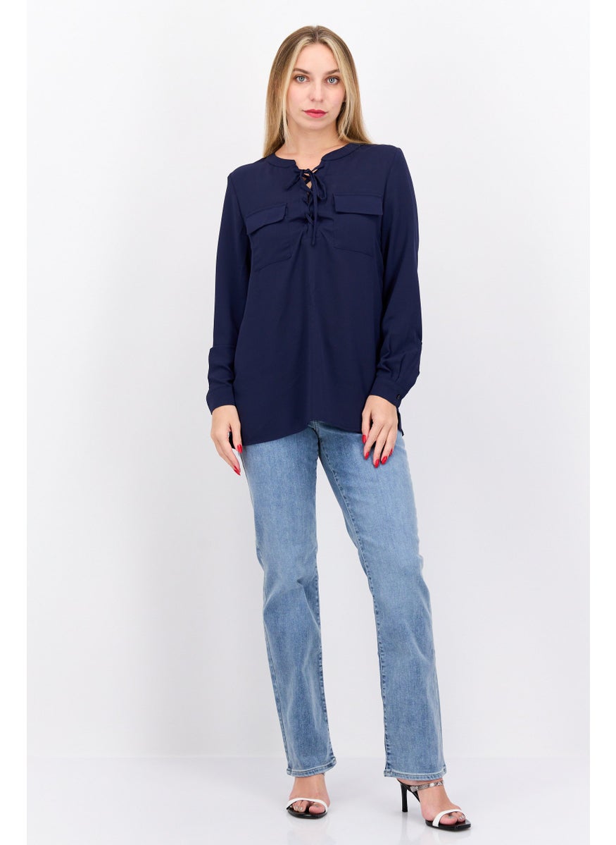 Jones New York - Women Tie Neck Long Sleeves Solid Blouses, Navy - Image 1