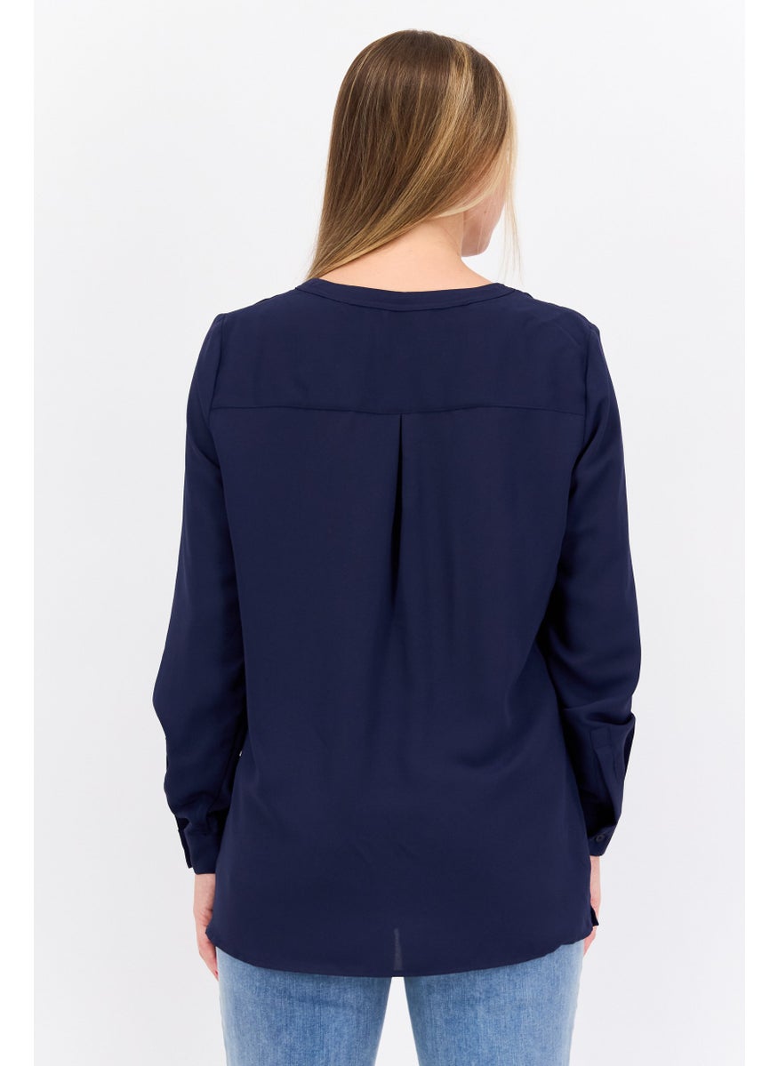 Jones New York - Women Tie Neck Long Sleeves Solid Blouses, Navy - Image 1