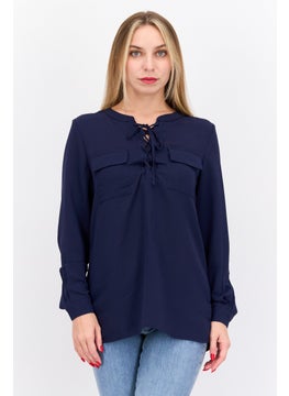 Women Tie Neck Long Sleeves Solid Blouses, Navy