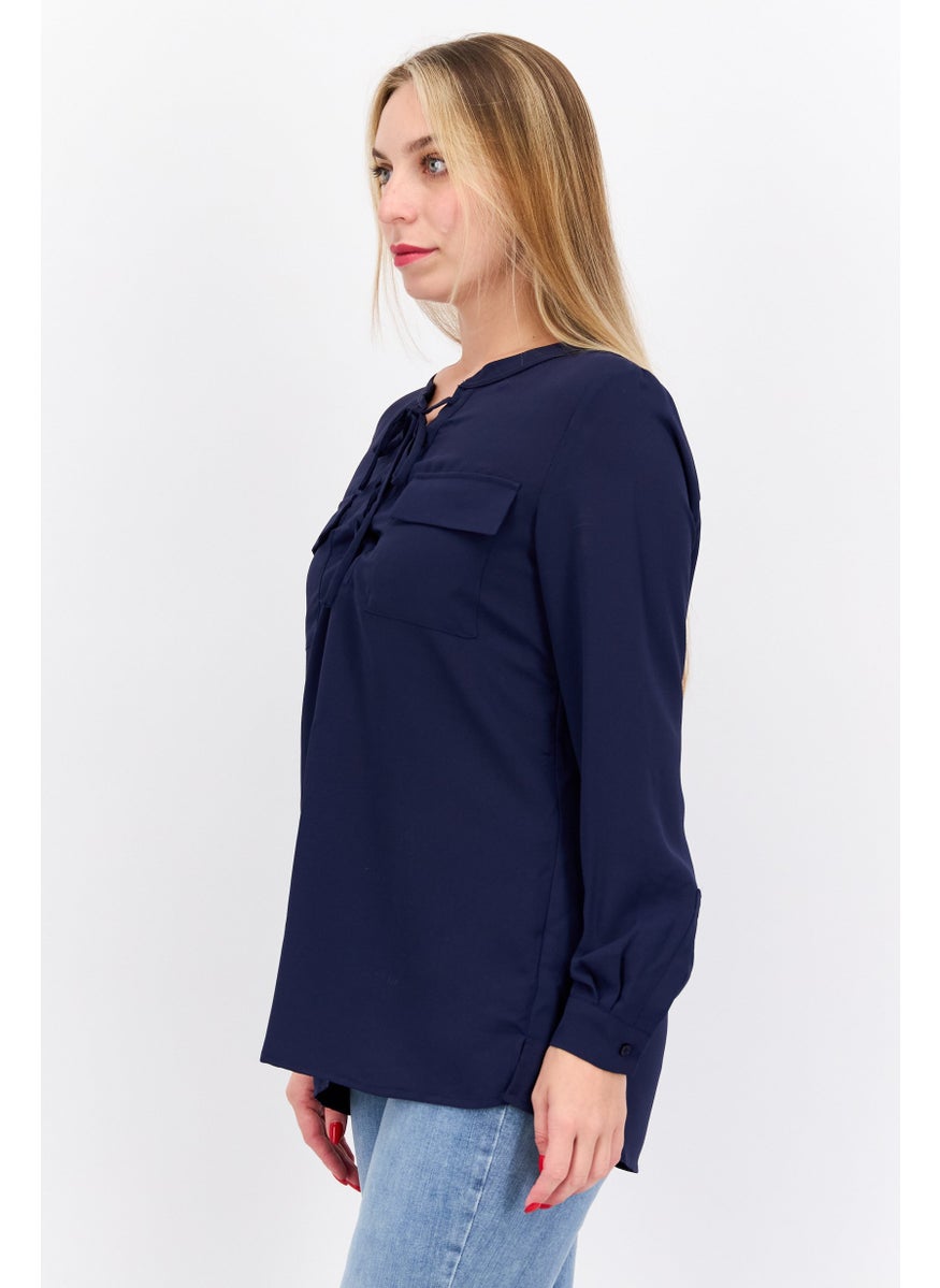Jones New York - Women Tie Neck Long Sleeves Solid Blouses, Navy - Image 1