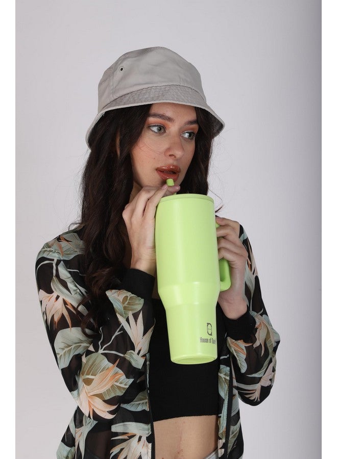 House of Quirk 1200ML Tumbler with Handle & Simple Flip Straw - Car Cup Holder Friendly, Leak Resistant Water Bottle-Reusable Insulated Stainless Steel & Rubber Base (Neon Green) - Image 2