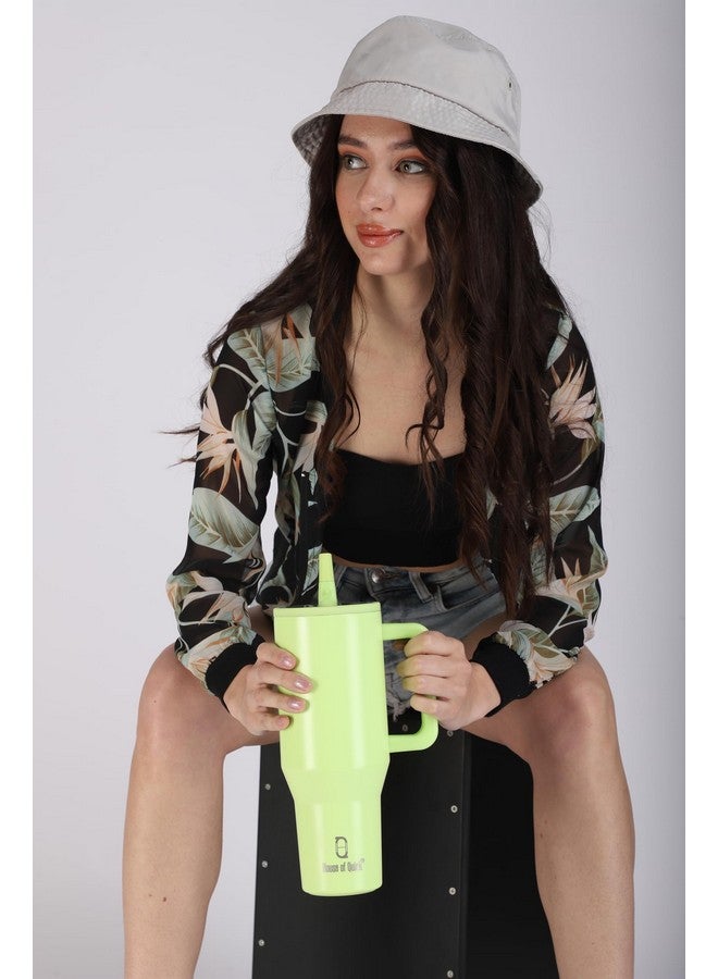 House of Quirk 1200ML Tumbler with Handle & Simple Flip Straw - Car Cup Holder Friendly, Leak Resistant Water Bottle-Reusable Insulated Stainless Steel & Rubber Base (Neon Green) - Image 3