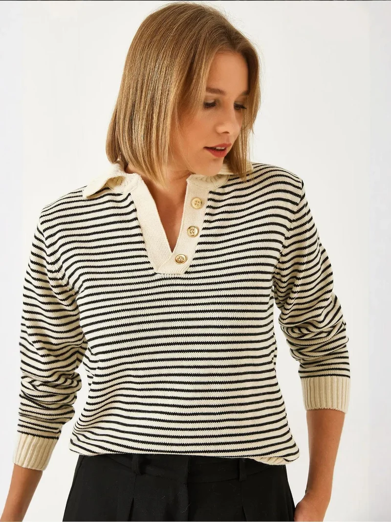 LUCCI Striped Polo Collar Knit Sweater