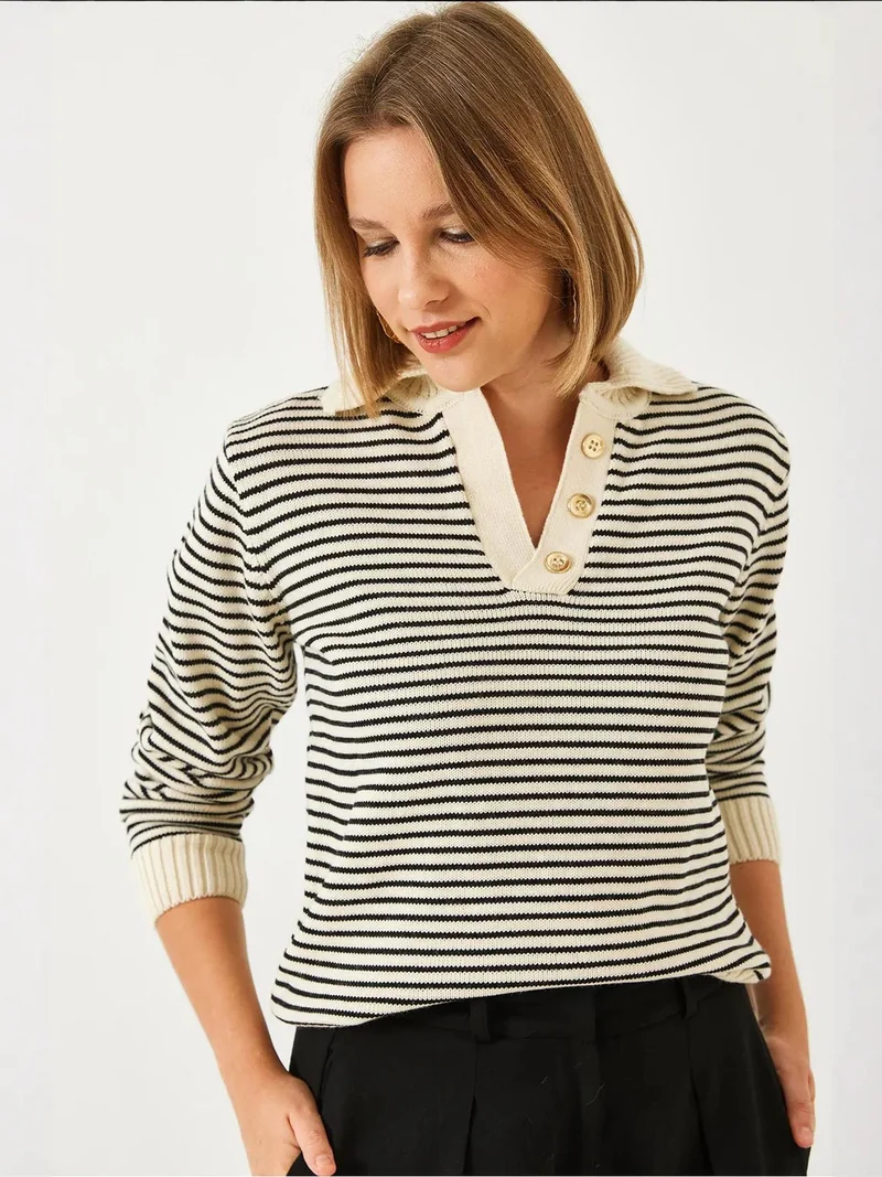 Bianco Lucci Multicolor LUCCI Striped Polo Collar Knit Sweater for Women | Best Price UAE
