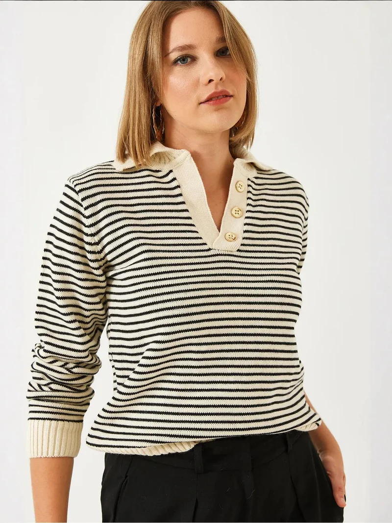 Bianco Lucci Multicolor LUCCI Striped Polo Collar Knit Sweater for Women | Best Price UAE