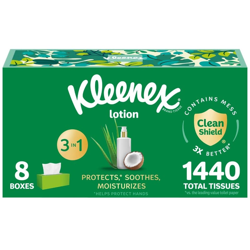Kleenex Lotion Facial Tissues with Coconut Oil 8 Flat Boxes 180 Tissues Per Box 3Ply