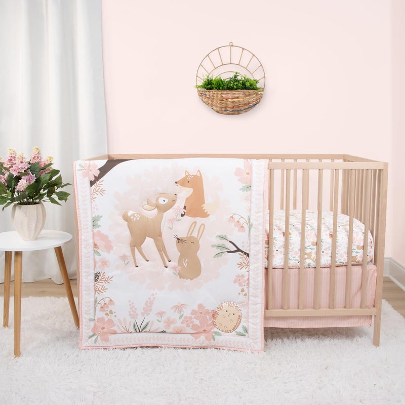 The Peanut Shell The Peanutshell 3 Piece Baby Crib Bedding Set for Girls - Newborn, Infant & Toddler Nursery Bed Set Decor with Fitted Crib Sheet, Dust Ruffle Comforter - Fairytale Forest - Image 1