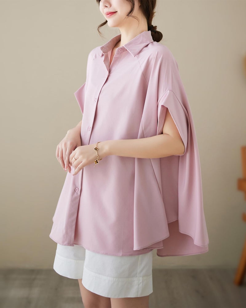 ellazhu Women's Short Sleeve Polo Collar Solid Color Button Down T-Shirts Blouse GA2651 Pink - Image 2