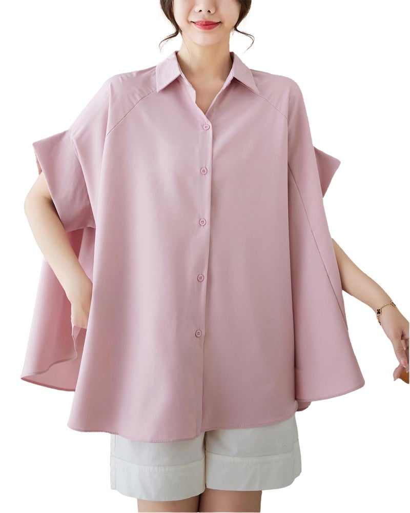 ellazhu Women's Short Sleeve Polo Collar Solid Color Button Down T-Shirts Blouse GA2651 Pink - Image 1