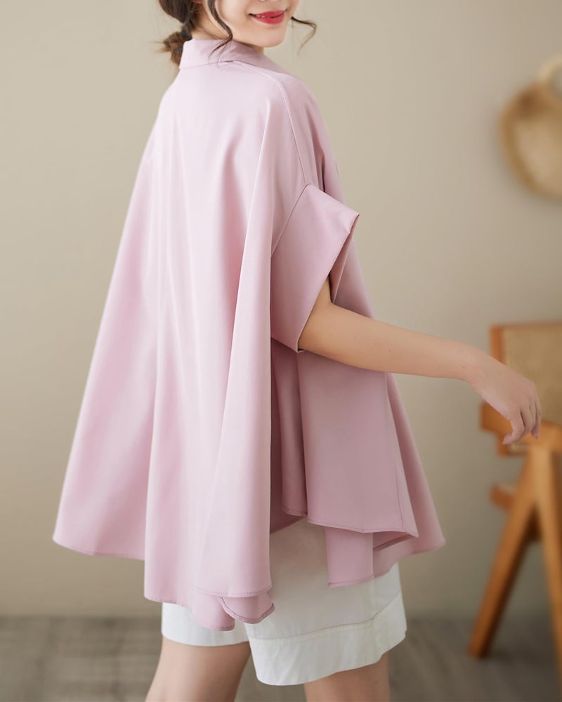 ellazhu Women's Short Sleeve Polo Collar Solid Color Button Down T-Shirts Blouse GA2651 Pink - Image 3