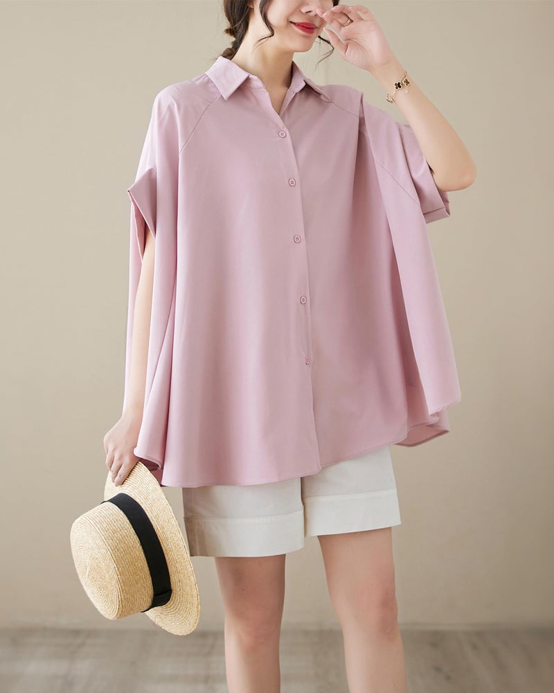 ellazhu Women's Short Sleeve Polo Collar Solid Color Button Down T-Shirts Blouse GA2651 Pink - Image 4