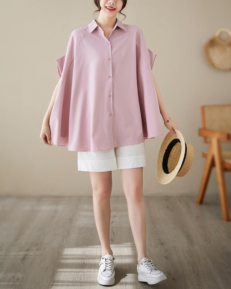 ellazhu Women's Short Sleeve Polo Collar Solid Color Button Down T-Shirts Blouse GA2651 Pink - Image 5