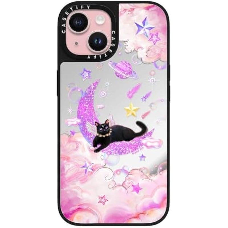 Casetify Mirror iPhone 15 Case 【Reflective / 4.9ft Drop Protection/Compatible with Magsafe】 - The Cat from The Moon by Mond Kim - Silver on Black - Image 1
