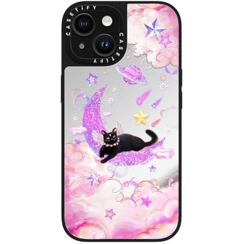 Casetify Mirror iPhone 15 Case 【Reflective / 4.9ft Drop Protection/Compatible with Magsafe】 - The Cat from The Moon by Mond Kim - Silver on Black - Image 5
