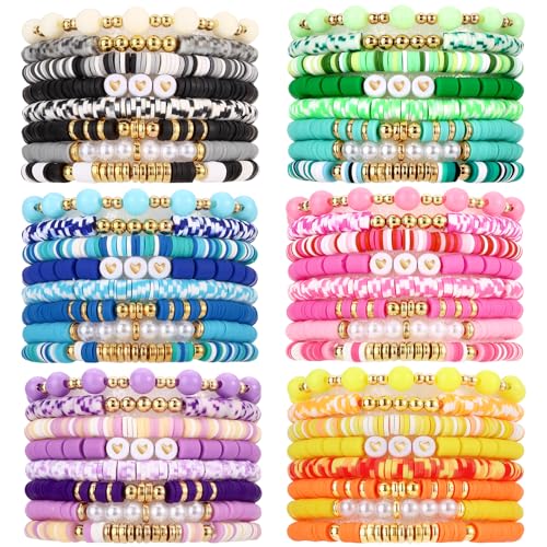 Draupnir 48 Pcs Friendship Heishi Surfer Clay Bead Set Stackable Beaded Preppy Jewelry Bracelets Friendship Boho Y2K Bracelets for Women Cute - Image 1