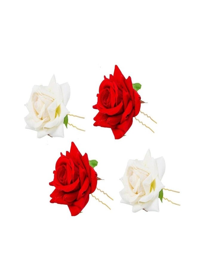Homenique Artificial Rose Hair Pins (2 Red, 2 White) | Handmade Flower Juda Pins for Women & Girls | Hair Accessories for Weddings Parties Festivals (Pack of 4)