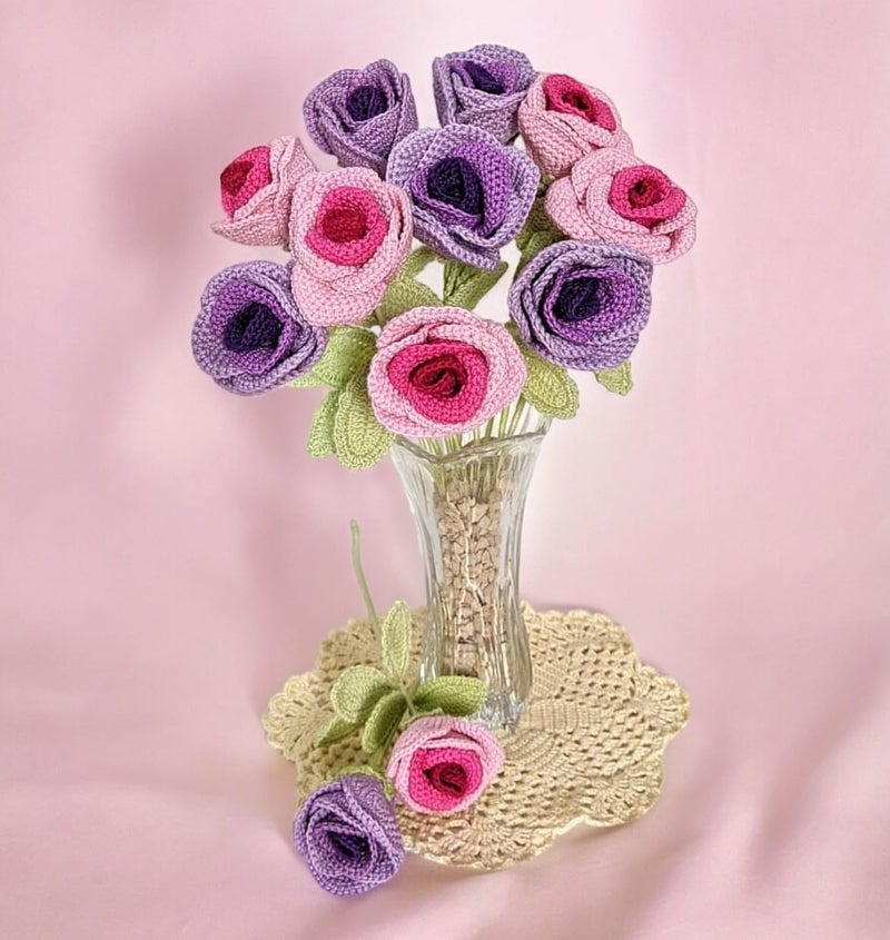 Happy Threads Shaded Roses Purple EcoFriendly Handcrafted Single Stem Crocheted Flowers ChildSafe LeadFree Sustainable Decor Gift Solution - Image 3