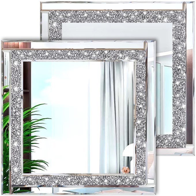 CRYSTAL CRUSH DIAMOND SILVER MIRROR 12 X 12 2PCSFRAMELESS STYLISH GORGEOUS DIAMOND DECOR GLAM GLASS MIRROR FOR BEDROOM BATHROOM HANGING MIRROR HOME FOR WALL DECOR