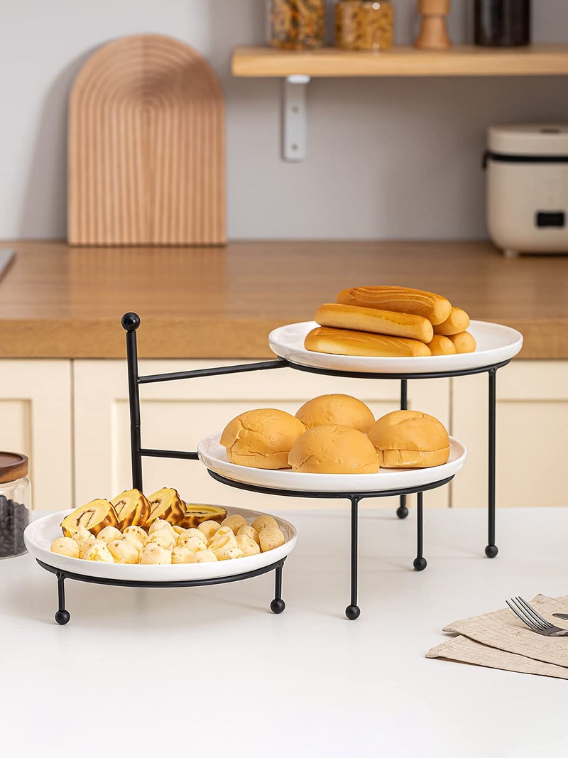 Kanwone 3 Tiered Serving Stand with White Porcelain Plates, Tiered Tray Stand, 10" x 10" Tier Serving Trays with Black Metal Stand for Entertaining, 3 Tier Dessert Stand - Image 5