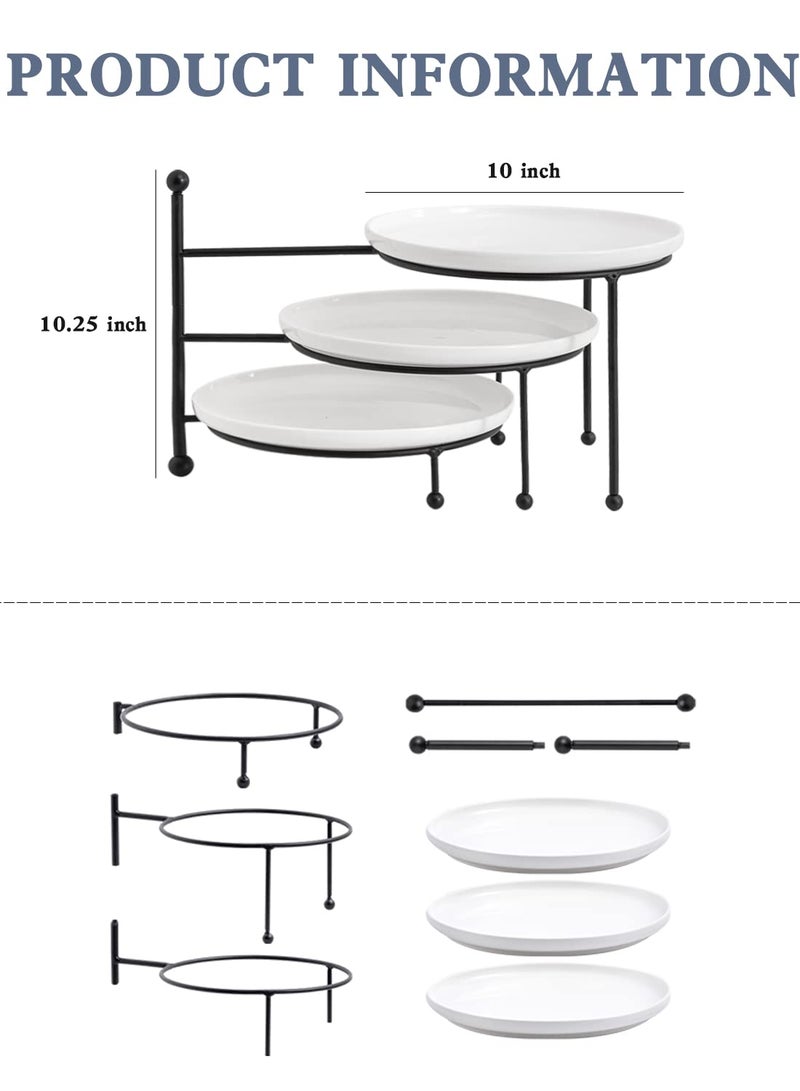 Kanwone 3 Tiered Serving Stand with White Porcelain Plates, Tiered Tray Stand, 10" x 10" Tier Serving Trays with Black Metal Stand for Entertaining, 3 Tier Dessert Stand - Image 2