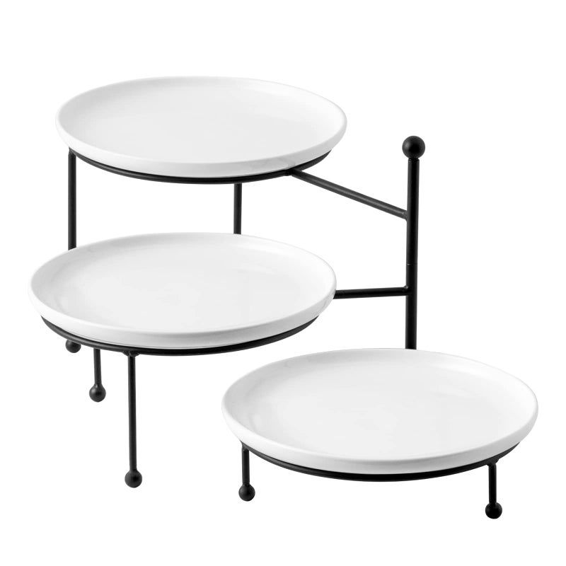 Kanwone 3 Tiered Serving Stand with White Porcelain Plates, Tiered Tray Stand, 10" x 10" Tier Serving Trays with Black Metal Stand for Entertaining, 3 Tier Dessert Stand - Image 1